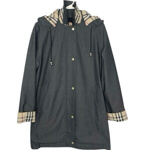 FLAW** Burberry Black Size 4 Coat Hooded Cotton Blend Lightweight Jacket **FLAW
